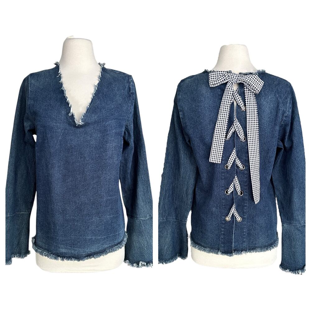 NWT Moelleux Denim Gingham lace up back corset bow cottagecore blue Top Medium